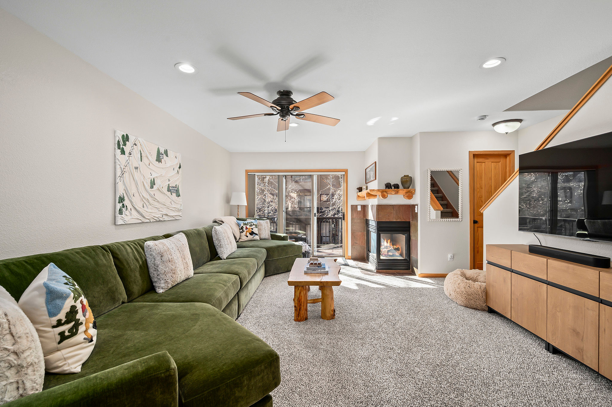 Sawmill Haus living room with fireplace